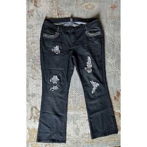 Ashley Stewart Size 22 Black Grunge Sequin Distressed Bootcut Jeans Y2K